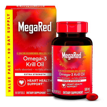 MegaRed Antarctic Krill Oil 500mg Omega 3 Fatty Acid Supplement, Extra Strength EPA & DHA Krill Oil Softgels (90cnt Box), Astaxanthin - PrimeBioHealth - canada supplements