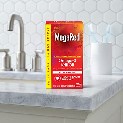 MegaRed Antarctic Krill Oil 500mg Omega 3 Fatty Acid Supplement, Extra Strength EPA & DHA Krill Oil Softgels (90cnt Box), Astaxanthin - PrimeBioHealth - canada supplements