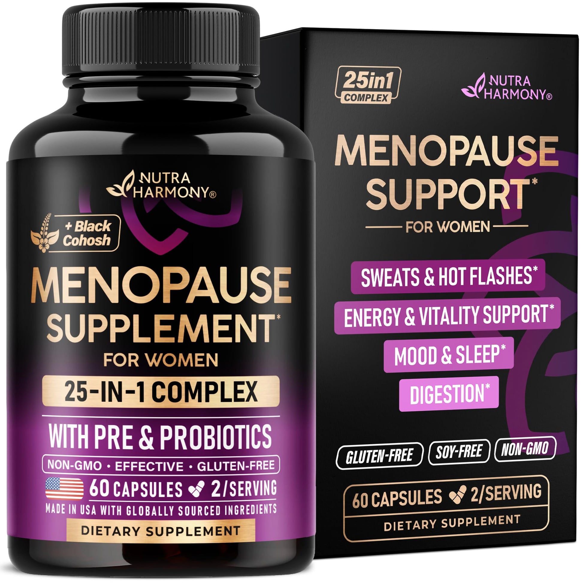 Menopause Supplements for Women - Dong Quai, Black Cohosh, Pre & Probiotics - Sweats & Hot Flashes Relief - Digestion, Sleep & Mood Support - 25-in-1 Perimenopause Complex - PrimeBioHealth - canada supplements