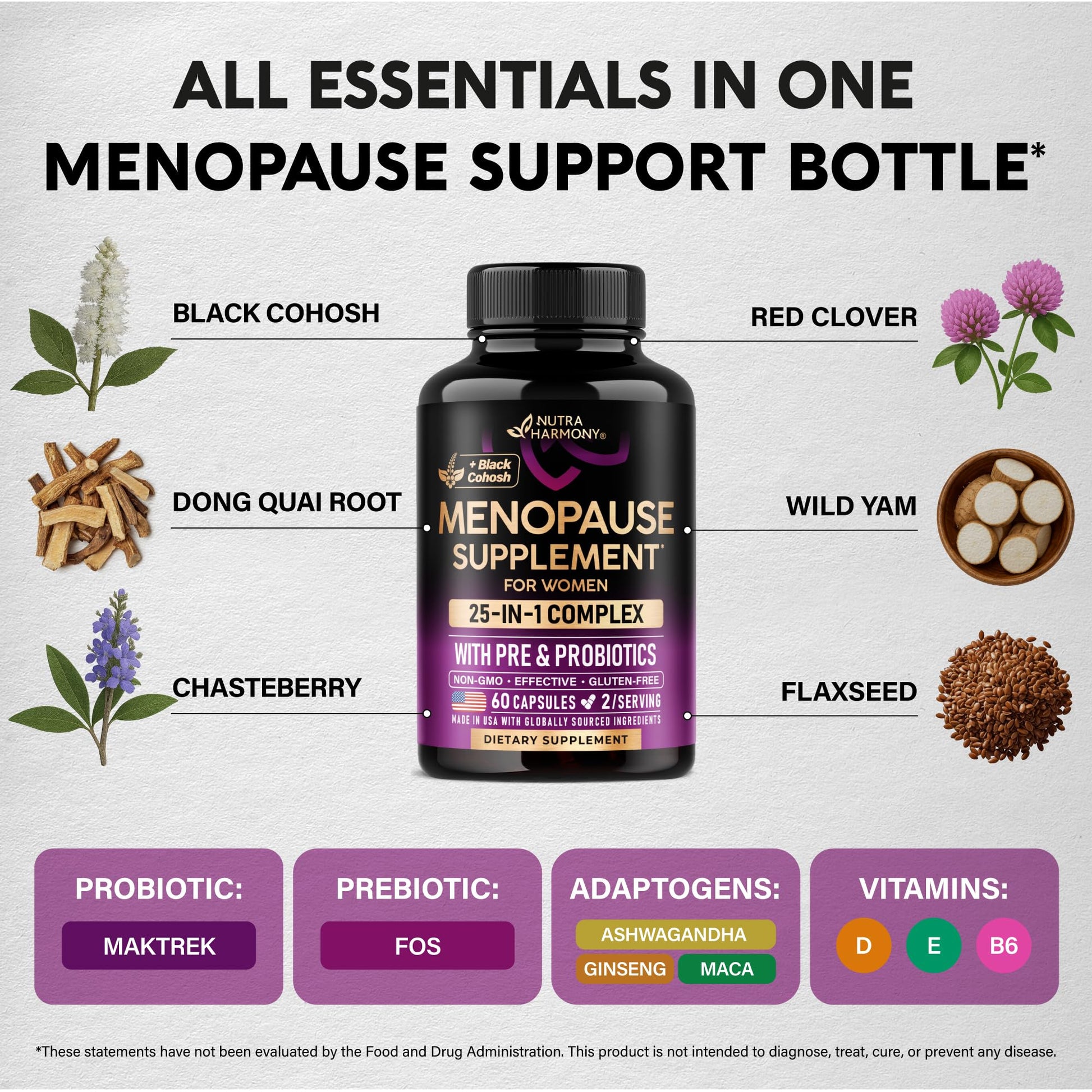 Menopause Supplements for Women - Dong Quai, Black Cohosh, Pre & Probiotics - Sweats & Hot Flashes Relief - Digestion, Sleep & Mood Support - 25-in-1 Perimenopause Complex - PrimeBioHealth - canada supplements