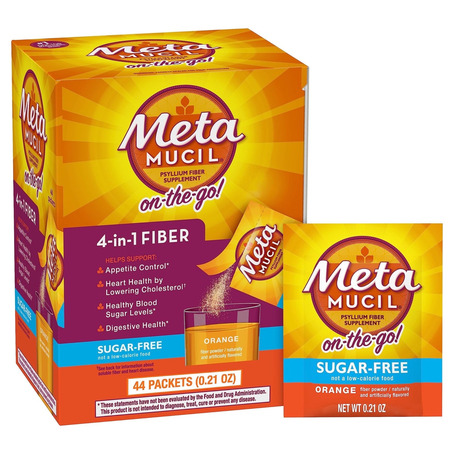 Metamucil On-the-Go Packets, Sugar-Free, 44 Packets, 4-in-1 Psyllium Husk Fiber Supplement, Orange Flavored, Individual Servings Great for Travel - PrimeBioHealth - canada supplements