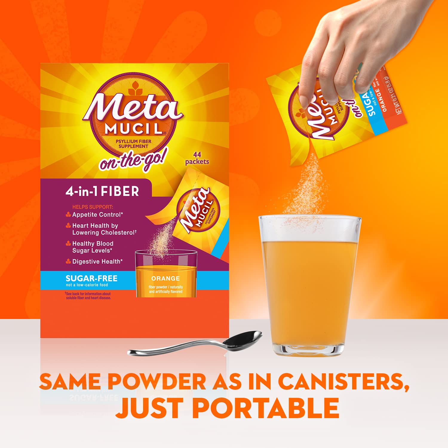 Metamucil On-the-Go Packets, Sugar-Free, 44 Packets, 4-in-1 Psyllium Husk Fiber Supplement, Orange Flavored, Individual Servings Great for Travel - PrimeBioHealth - canada supplements