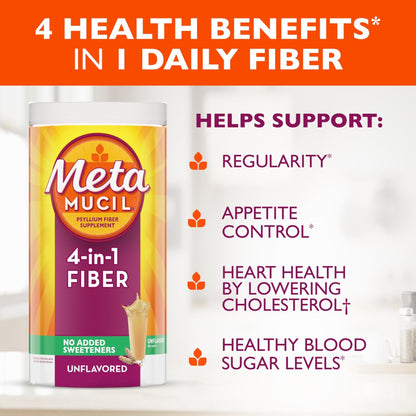 Metamucil, Psyllium Husk Powder, Unflavored with No Added Sweeteners, 114 Servings, 4-in-1 Fiber Supplement, Daily Psyllium Husk Fiber Powder - PrimeBioHealth - canada supplements