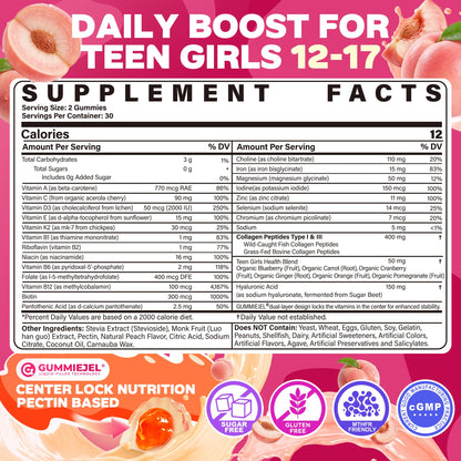 Methylated Multivitamin Gummies for Teen Girls 12-17, Methylfolate, Iron, Collagen, D3 K2, Magnesium, Zinc, Daily Vitamins A C E, B Complex for Teenager Growth, Skin, Bone, Energy - Sugar Free, 60 Cts - PrimeBioHealth - canada supplements
