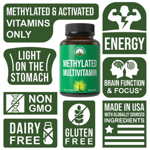 Methylated Multivitamin + Methylated B Complex Supplement. With Trimethylglycine (TMG), L Methylfolate, Methyl B12 + B1 + B2 + B6 Vitamins + Choline