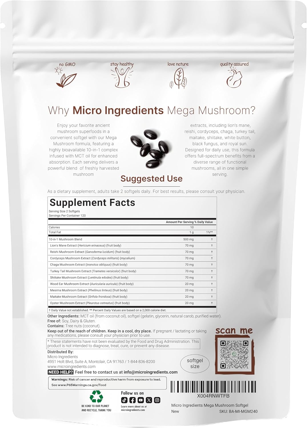 Micro Ingredients 10‑in‑1 Mega Mushroom Complex Supplement – Lions Mane, Cordyceps, Reishi, Chaga & More – 240 Softgels with MCT Oil – 4 Month Supply – Adaptogenic Functional Mushroom Blend - PrimeBioHealth - canada supplements