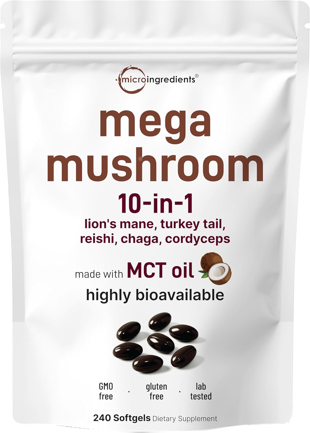 Micro Ingredients 10‑in‑1 Mega Mushroom Complex Supplement – Lions Mane, Cordyceps, Reishi, Chaga & More – 240 Softgels with MCT Oil – 4 Month Supply – Adaptogenic Functional Mushroom Blend - PrimeBioHealth - canada supplements