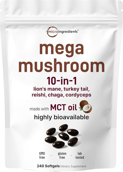 Micro Ingredients 10‑in‑1 Mega Mushroom Complex Supplement – Lions Mane, Cordyceps, Reishi, Chaga & More – 240 Softgels with MCT Oil – 4 Month Supply – Adaptogenic Functional Mushroom Blend - PrimeBioHealth - canada supplements