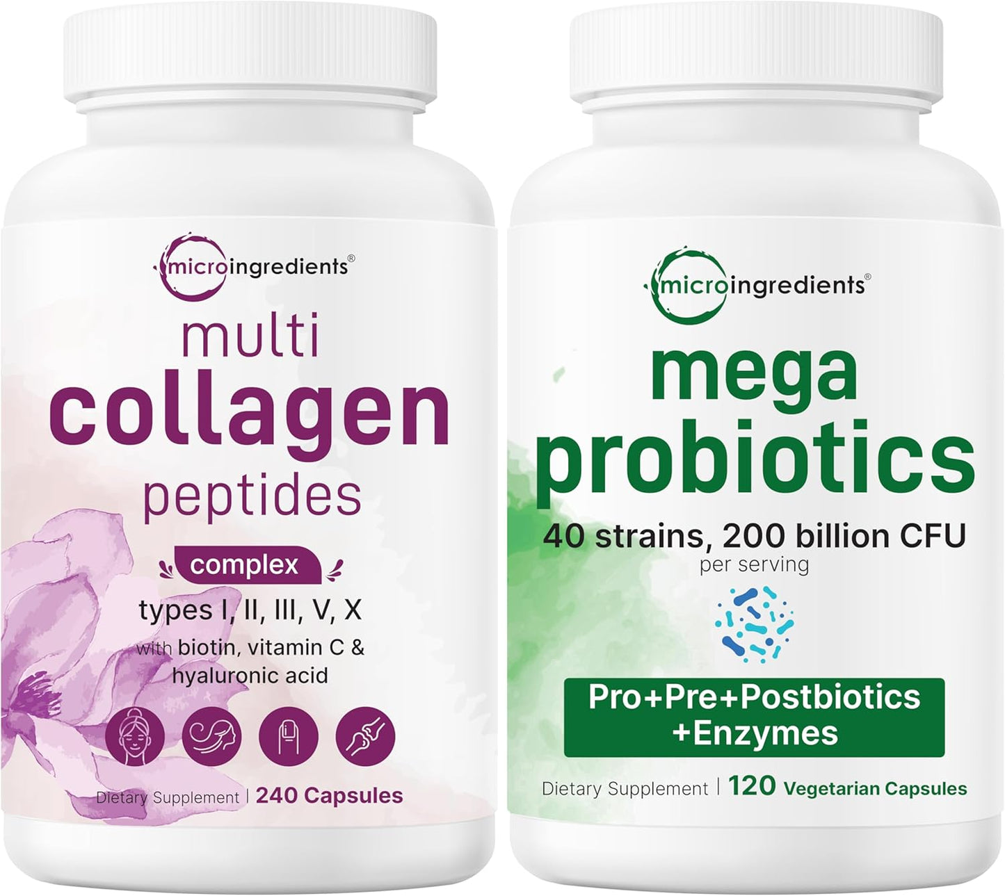 Micro Ingredients 8-in-1 Multi Collagen Pills & Mega Probiotics 200 Billion CFU Veggie Capsules | 2 Pack Bundle | Hydrolyzed Peptides + Hyaluronic Acid & Vitamin C | 40 Strains + Inulin & Bromelain - PrimeBioHealth - canada supplements