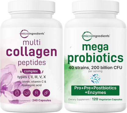 Micro Ingredients 8-in-1 Multi Collagen Pills & Mega Probiotics 200 Billion CFU Veggie Capsules | 2 Pack Bundle | Hydrolyzed Peptides + Hyaluronic Acid & Vitamin C | 40 Strains + Inulin & Bromelain - PrimeBioHealth - canada supplements