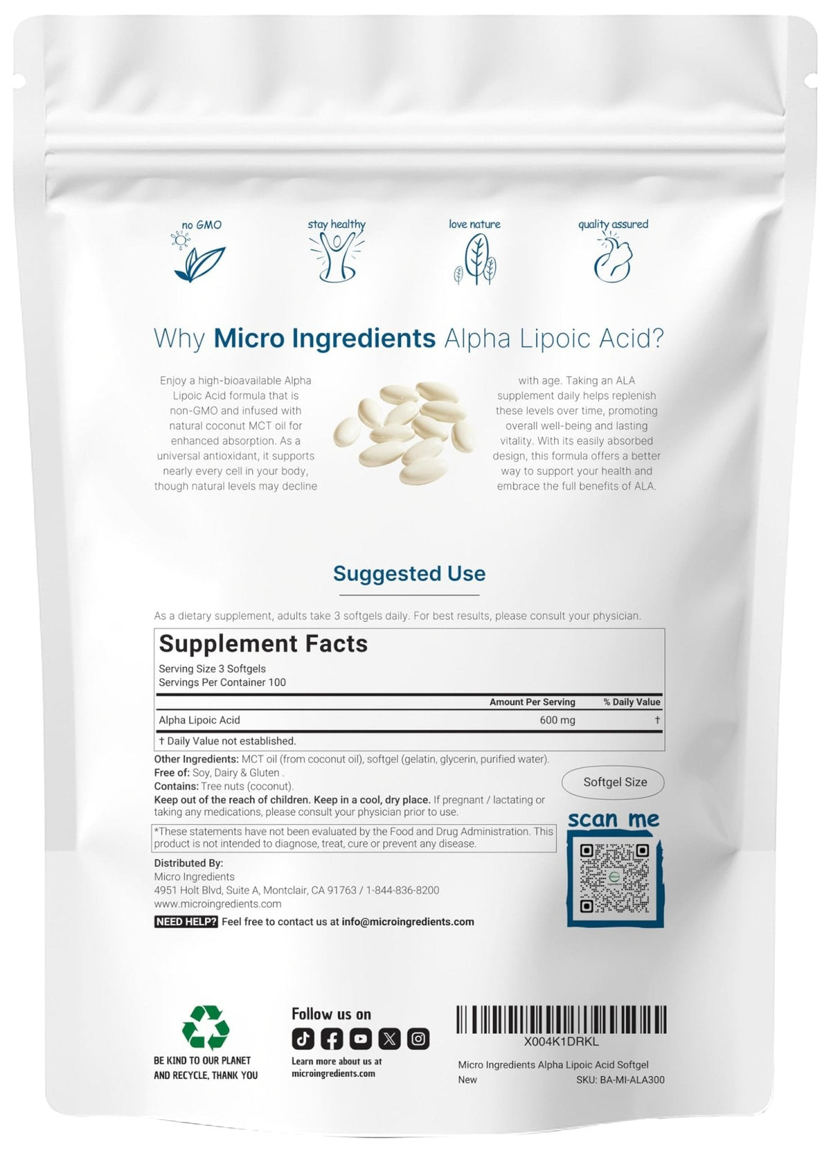 Micro Ingredients Alpha Lipoic Acid 600mg with MCT Oil, 300 Softgels | ALA Supplement for Liver, Antioxidants, Nerve, Cardiovascular Health Support - PrimeBioHealth - canada supplements