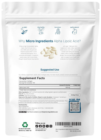 Micro Ingredients Alpha Lipoic Acid 600mg with MCT Oil, 300 Softgels | ALA Supplement for Liver, Antioxidants, Nerve, Cardiovascular Health Support - PrimeBioHealth - canada supplements