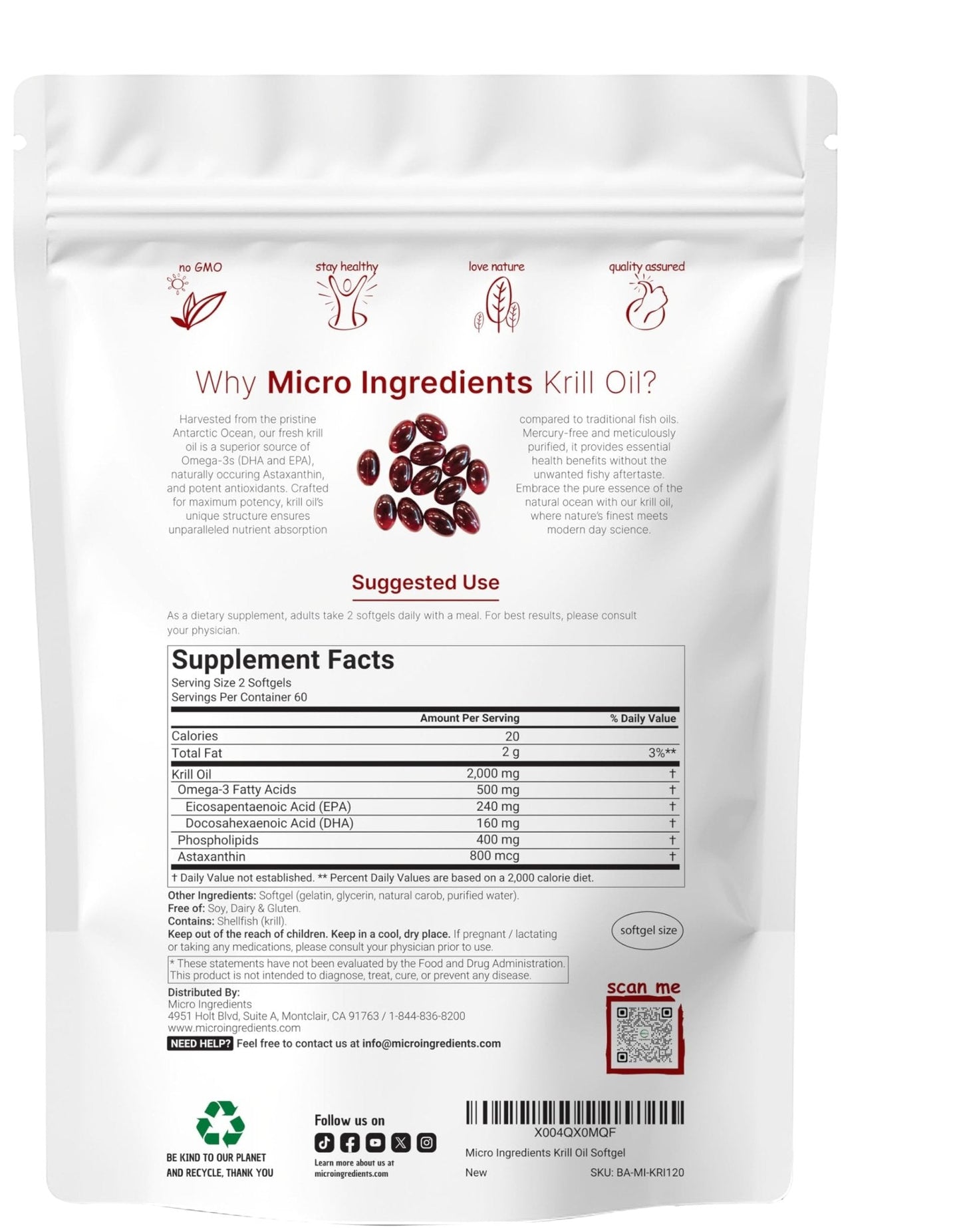 Micro Ingredients Antarctic Krill Oil Supplement 2,000mg Per Serving, 240 Softgels | Omega-3 EPA & DHA with Phospholipids & Natural Astaxanthin | No Fishy Aftertaste | Non-GMO, Gluten Free - PrimeBioHealth - canada supplements