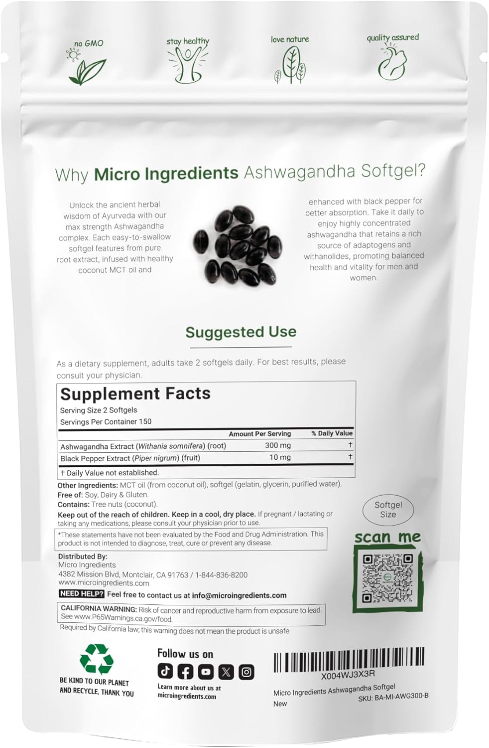 Micro Ingredients Ashwagandha Supplement with Black Pepper | 300 Coconut MCT Oil Softgels | High Potency Root Extract | Better Absorption | Non-GMO - PrimeBioHealth - canada supplements