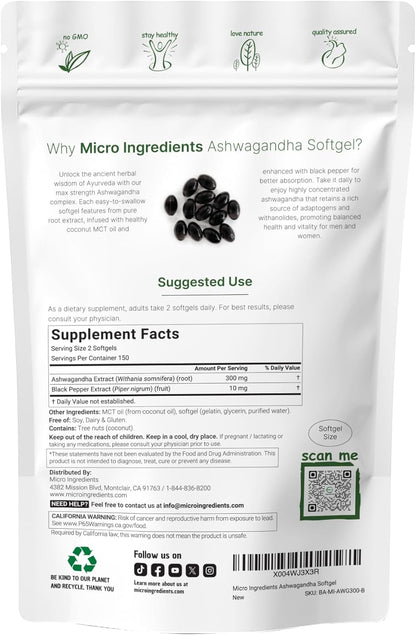 Micro Ingredients Ashwagandha Supplement with Black Pepper | 300 Coconut MCT Oil Softgels | High Potency Root Extract | Better Absorption | Non-GMO - PrimeBioHealth - canada supplements