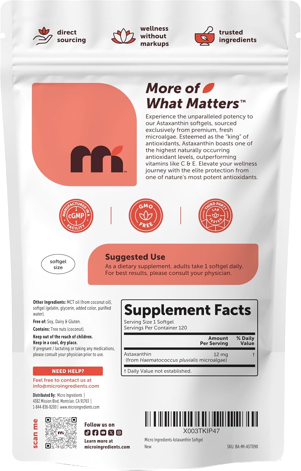Micro Ingredients Astaxanthin 12mg with MCT Oil, 120 Softgels, 4 Month Supply | Premium Astaxanthin Antioxidant Supplements* | Fresh Microalgae Source | Triple Strength, Non-GMO, Gluten Free, No Soy - PrimeBioHealth - canada supplements