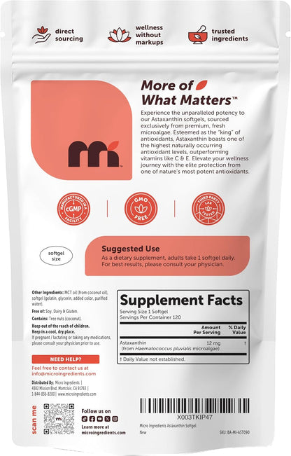 Micro Ingredients Astaxanthin 12mg with MCT Oil, 120 Softgels, 4 Month Supply | Premium Astaxanthin Antioxidant Supplements* | Fresh Microalgae Source | Triple Strength, Non-GMO, Gluten Free, No Soy - PrimeBioHealth - canada supplements