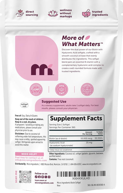 Micro Ingredients Biotin 10,000 mcg with Hyaluronic Acid 25 mg Per Serving | Made with Coconut Oil | 365 Softgels | 1 Per Day | One Year Supply | Non-GMO & Gluten Free - PrimeBioHealth - canada supplements