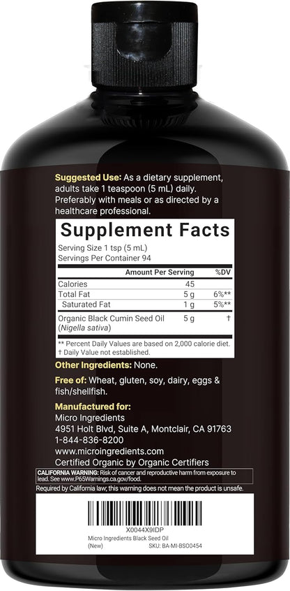 Micro Ingredients Black Seed Oil Organic Cold Pressed, 16 fl oz | Rich in Thymoquinone & Omega 3 6 9 | Unrefined from Nigella Sativa Seeds | Immune, Hair & Skin Support* | Non-GMO - 3 Months Supply - PrimeBioHealth - canada supplements