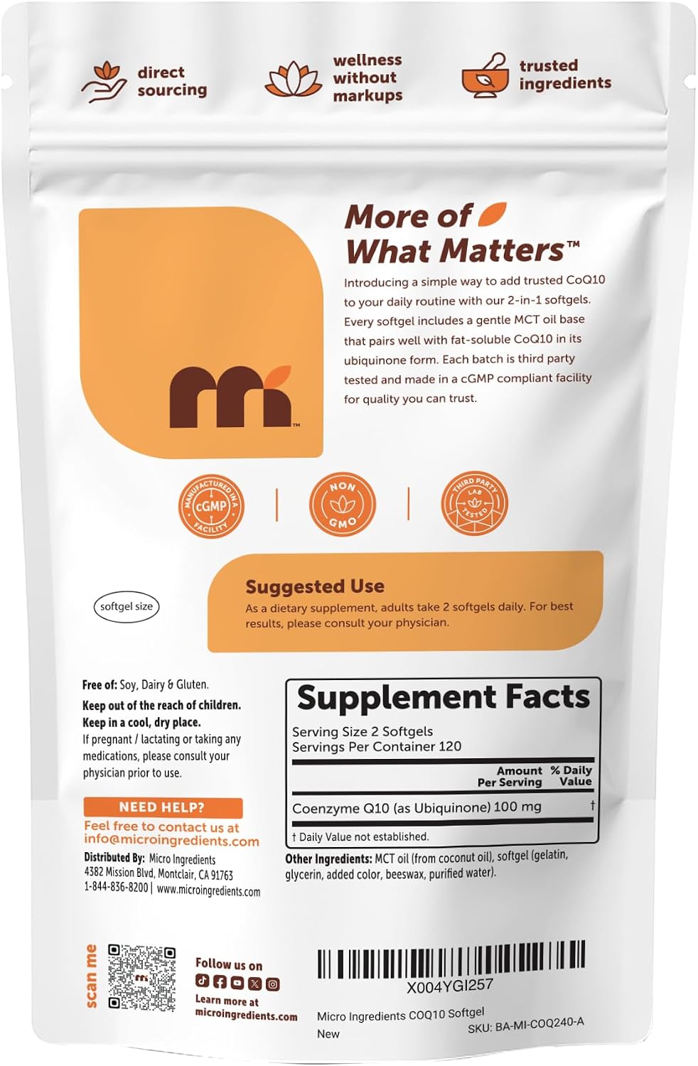 Micro Ingredients CoQ10 100 mg Per Serving, 240 Softgels | Coenzyme Q10 (Ubiquinone) Supplement | Made with MCT Oil | Non-GMO, Gluten Free - PrimeBioHealth - canada supplements