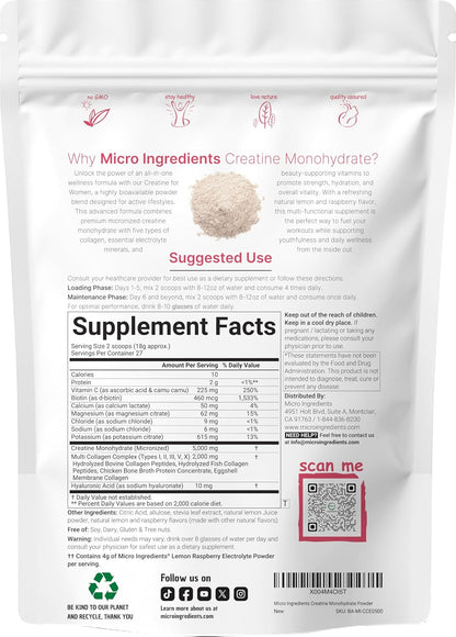 Micro Ingredients Creatine + Electrolytes + Multi Collagen for Women | 5,000mg Micronized Creatine Monohydrate Powder Complex | Creatine Hydration Drink Mix | Lemon Raspberry | Sugar-Free, Non-GMO - PrimeBioHealth - canada supplements