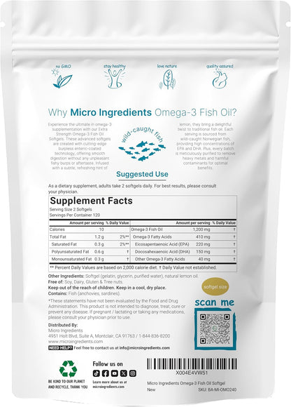 Micro Ingredients Extra Strength Omega 3 Fish Oil Supplements 1,200mg Per Serving, 240 Softgels | Lemon Flavored | Burpless | Essential Fatty Acids | EPA 220mg + DHA 150mg | Deep Sea Fish - PrimeBioHealth - canada supplements