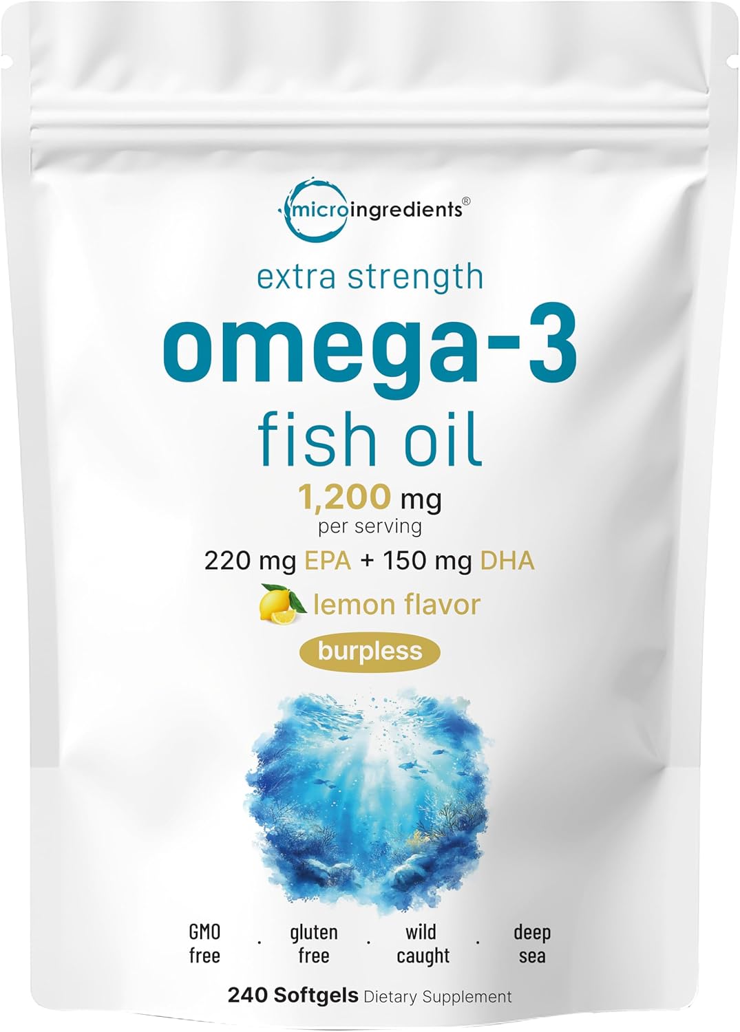 Micro Ingredients Extra Strength Omega 3 Fish Oil Supplements 1,200mg Per Serving, 240 Softgels | Lemon Flavored | Burpless | Essential Fatty Acids | EPA 220mg + DHA 150mg | Deep Sea Fish - PrimeBioHealth - canada supplements