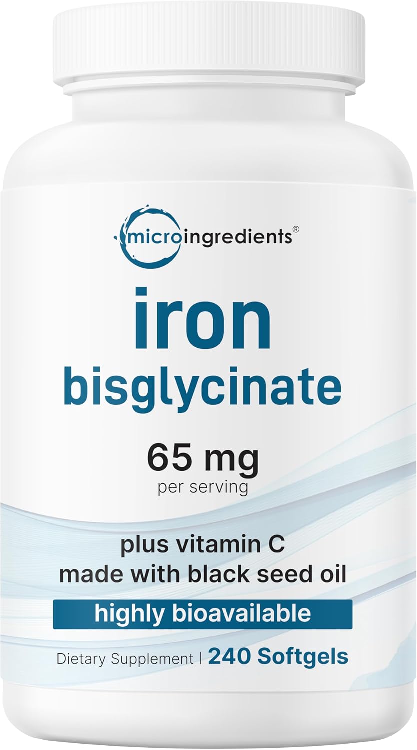 Micro Ingredients Ferrous Iron Bisglycinate 65 mg, 240 Softgels | Chelated Iron Supplement for Women & Men | Supports Red Blood Cell Production* | with Vitamin C & Black Seed Oil | Non-GMO - PrimeBioHealth - canada supplements