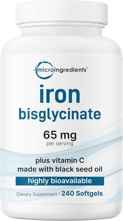 Micro Ingredients Ferrous Iron Bisglycinate 65 mg, 240 Softgels | Chelated Iron Supplement for Women & Men | Supports Red Blood Cell Production* | with Vitamin C & Black Seed Oil | Non-GMO - PrimeBioHealth - canada supplements