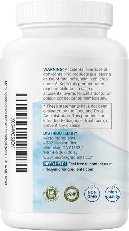 Micro Ingredients Ferrous Iron Bisglycinate 65 mg, 240 Softgels | Chelated Iron Supplement for Women & Men | Supports Red Blood Cell Production* | with Vitamin C & Black Seed Oil | Non-GMO - PrimeBioHealth - canada supplements