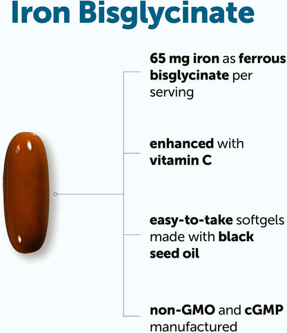 Micro Ingredients Ferrous Iron Bisglycinate 65 mg, 240 Softgels | Chelated Iron Supplement for Women & Men | Supports Red Blood Cell Production* | with Vitamin C & Black Seed Oil | Non-GMO - PrimeBioHealth - canada supplements