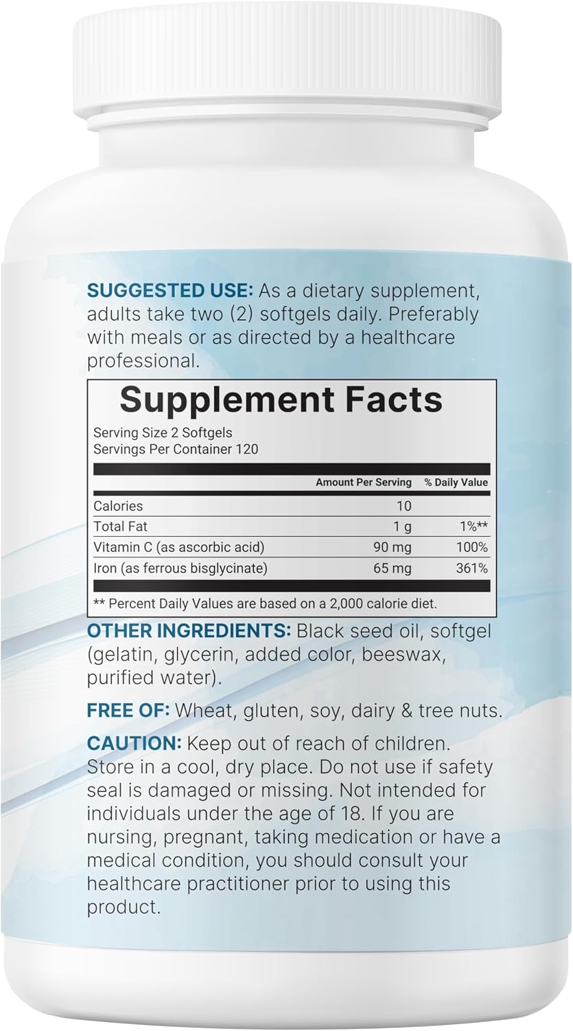 Micro Ingredients Ferrous Iron Bisglycinate 65 mg, 240 Softgels | Chelated Iron Supplement for Women & Men | Supports Red Blood Cell Production* | with Vitamin C & Black Seed Oil | Non-GMO - PrimeBioHealth - canada supplements