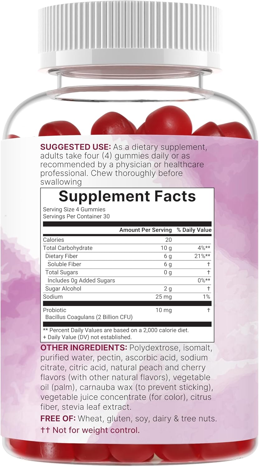 Micro Ingredients Fiber Gummies with Probiotics, 120 Count | 6g Per Serving + 2 Billion CFU | Sugar Free Peach Cherry Flavor | High Fiber Supplement for Women & Men | Non-GMO, Gluten Free - PrimeBioHealth - canada supplements