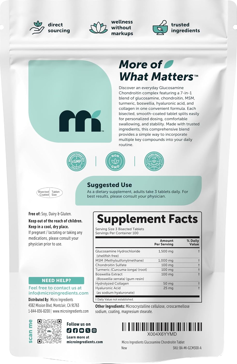 Micro Ingredients Glucosamine Chondroitin MSM and Turmeric Supplement, 300 Bisected Tablets | Joint Supplements for Men & Women* | 7-in-1 with Boswellia, Hyaluronic Acid, & Collagen Complex - PrimeBioHealth - canada supplements