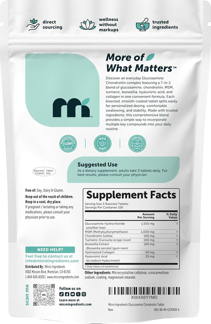 Micro Ingredients Glucosamine Chondroitin MSM and Turmeric Supplement, 300 Bisected Tablets | Joint Supplements for Men & Women* | 7-in-1 with Boswellia, Hyaluronic Acid, & Collagen Complex - PrimeBioHealth - canada supplements