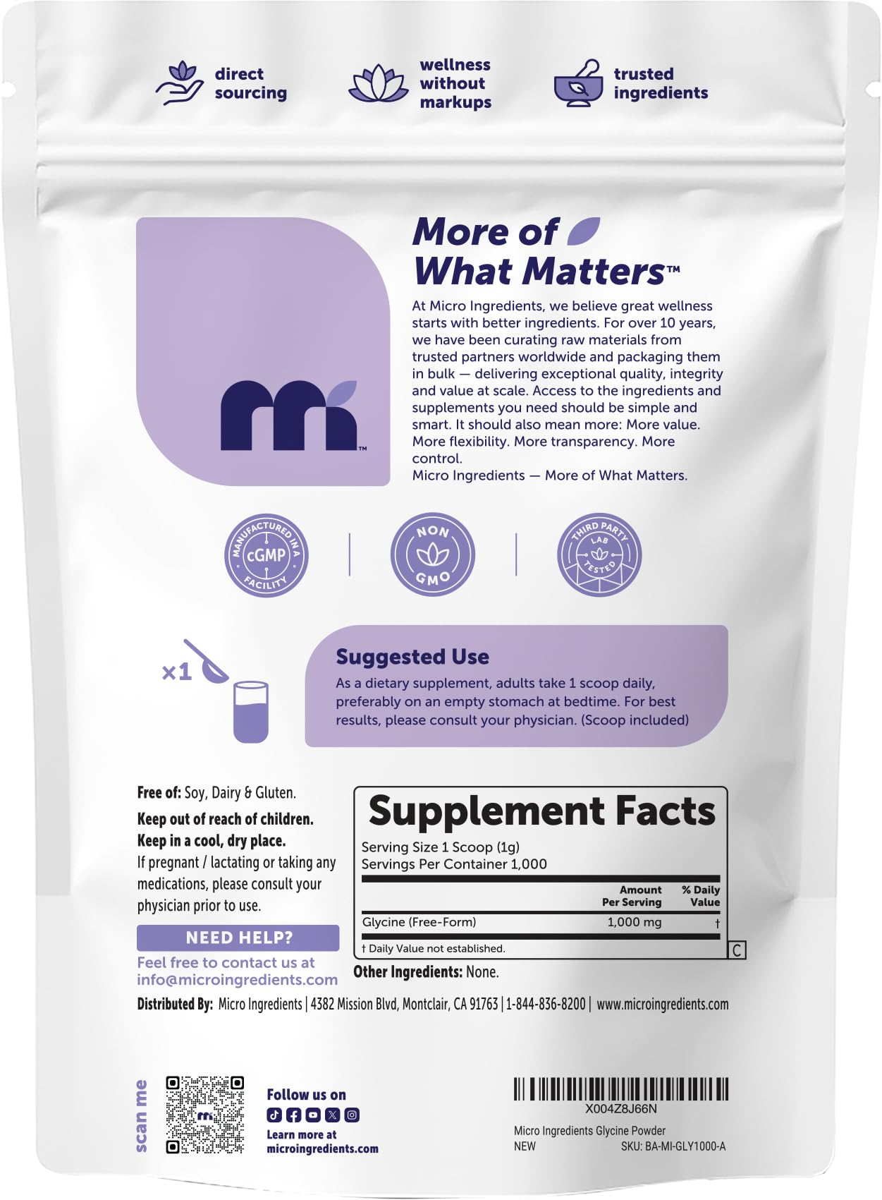 Micro Ingredients Glycine Powder, 1KG (2.2 Pounds), Glycine 1000mg Per Serving, Water Soluble and Product of USA - PrimeBioHealth - canada supplements