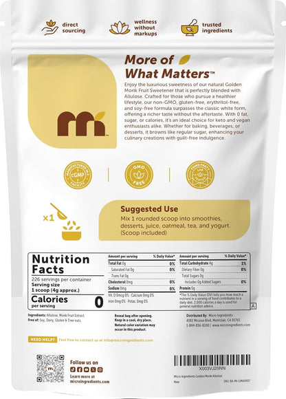 Micro Ingredients Golden Monk Fruit Sweetener with Allulose, 2 lbs, Pouch, 1:1 Brown Sugar Substitute, No Erythritol, No Aftertaste, 0 Calorie Alternative for Baking, Coffee, Tea, Keto, Vegan-Non-Gmo - PrimeBioHealth - canada supplements