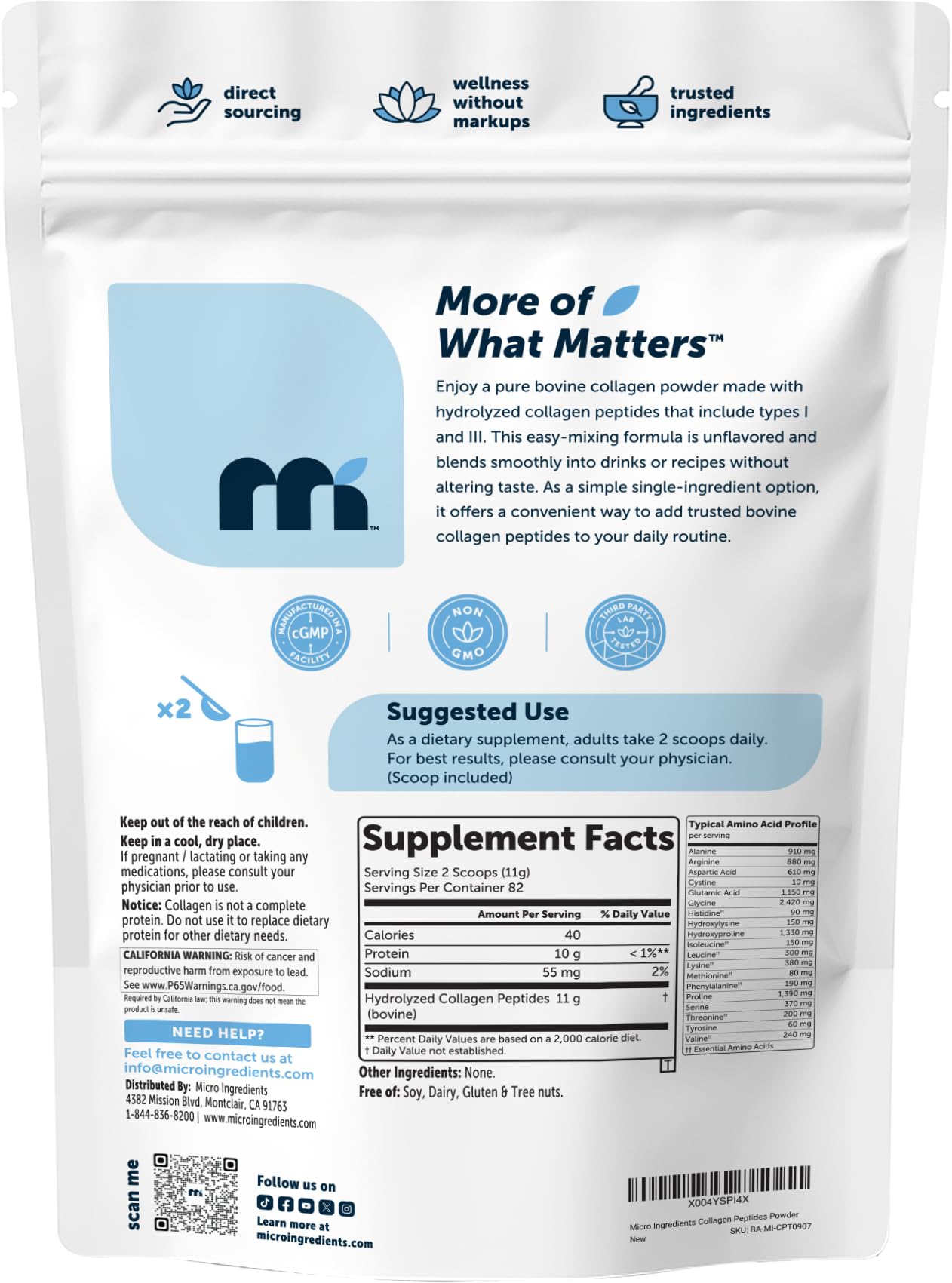 Micro Ingredients Hydrolyzed Collagen Peptides Powder, 1 lb | Type I & III Collagen for Women & Men | Unflavored Bovine Collagen Protein | Easy Dissolve, Paleo, Non-GMO - PrimeBioHealth - canada supplements