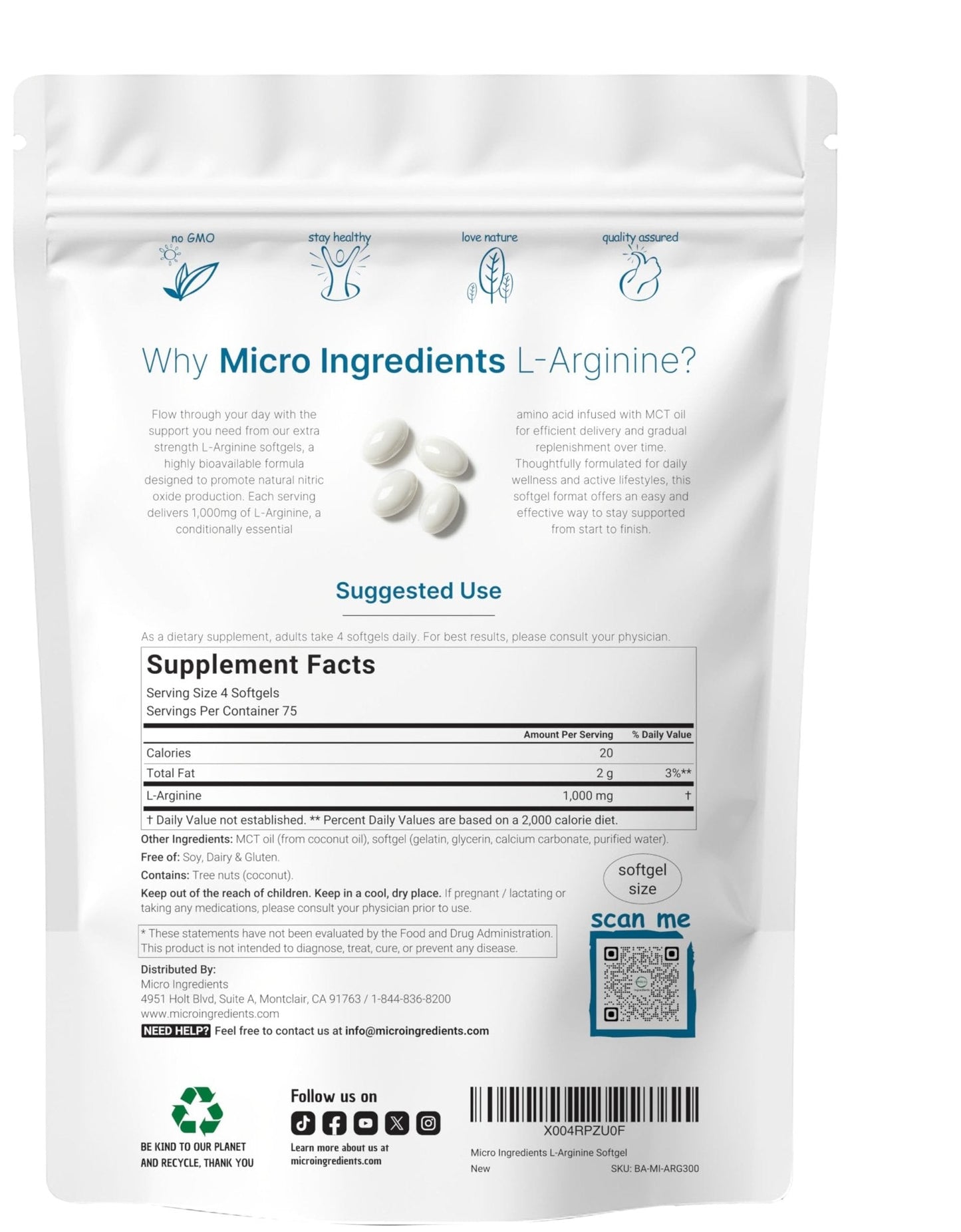 Micro Ingredients L-Arginine 1000mg with MCT Oil, 300 Softgels | Nitric Oxide Precursor* for Men & Women | Extra Strength Amino Acid Formula for Daily Wellness - PrimeBioHealth - canada supplements