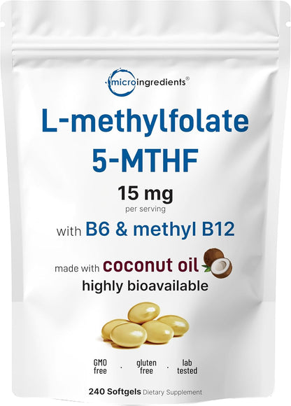 Micro Ingredients L Methylfolate 15mg, 240 Softgels | Active 5-MTHF with B6 & Methyl B12 | Methylated Vitamin B9 with Coconut Oil - PrimeBioHealth - canada supplements