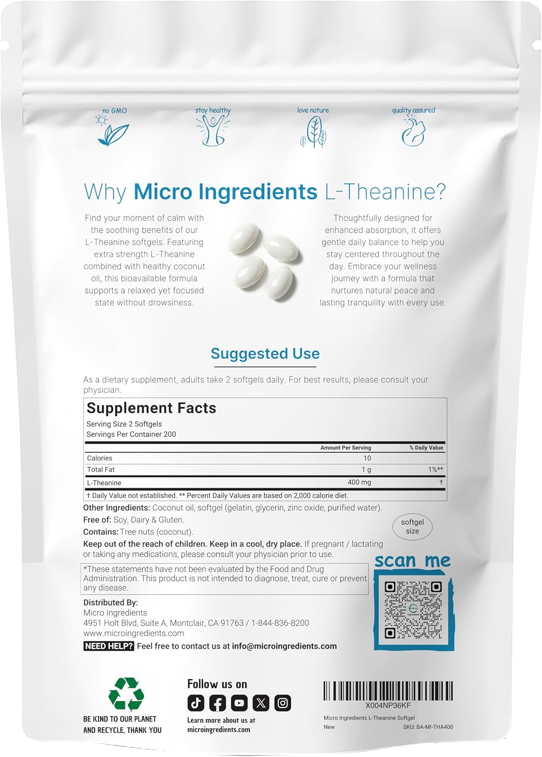 Micro Ingredients L-Theanine 400mg, 400 Softgels | Highly Bioavailable with Coconut Oil | Extra Strength Theanine Amino Acid | Calm & Relaxation Support + Focus Supplement | Non-GMO, Gluten Free - PrimeBioHealth - canada supplements