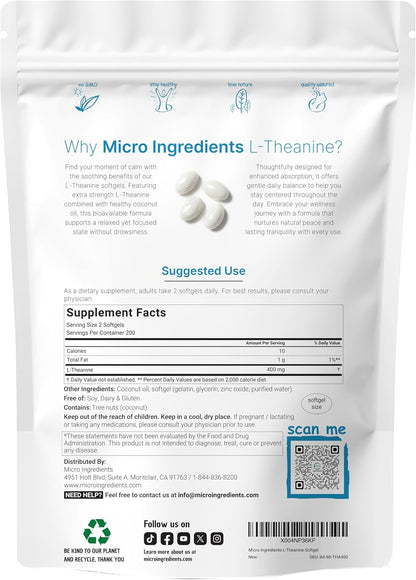 Micro Ingredients L-Theanine 400mg, 400 Softgels | Highly Bioavailable with Coconut Oil | Extra Strength Theanine Amino Acid | Calm & Relaxation Support + Focus Supplement | Non-GMO, Gluten Free - PrimeBioHealth - canada supplements