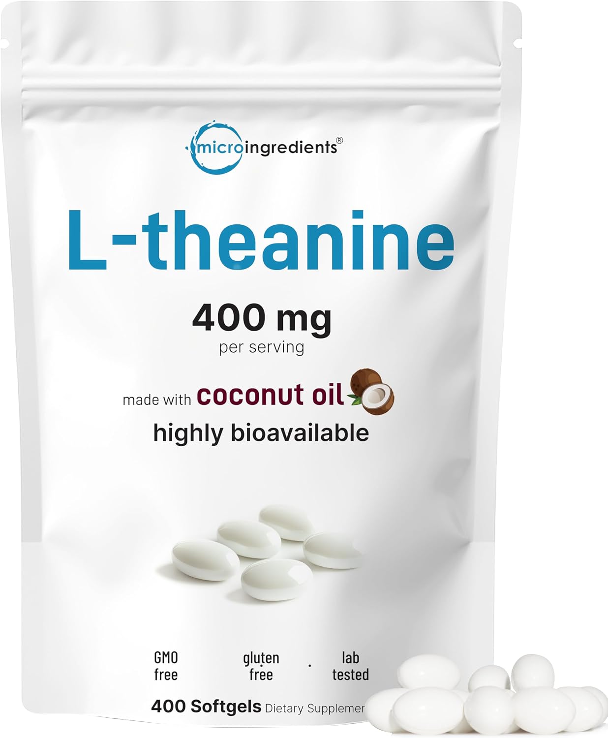 Micro Ingredients L-Theanine 400mg, 400 Softgels | Highly Bioavailable with Coconut Oil | Extra Strength Theanine Amino Acid | Calm & Relaxation Support + Focus Supplement | Non-GMO, Gluten Free - PrimeBioHealth - canada supplements