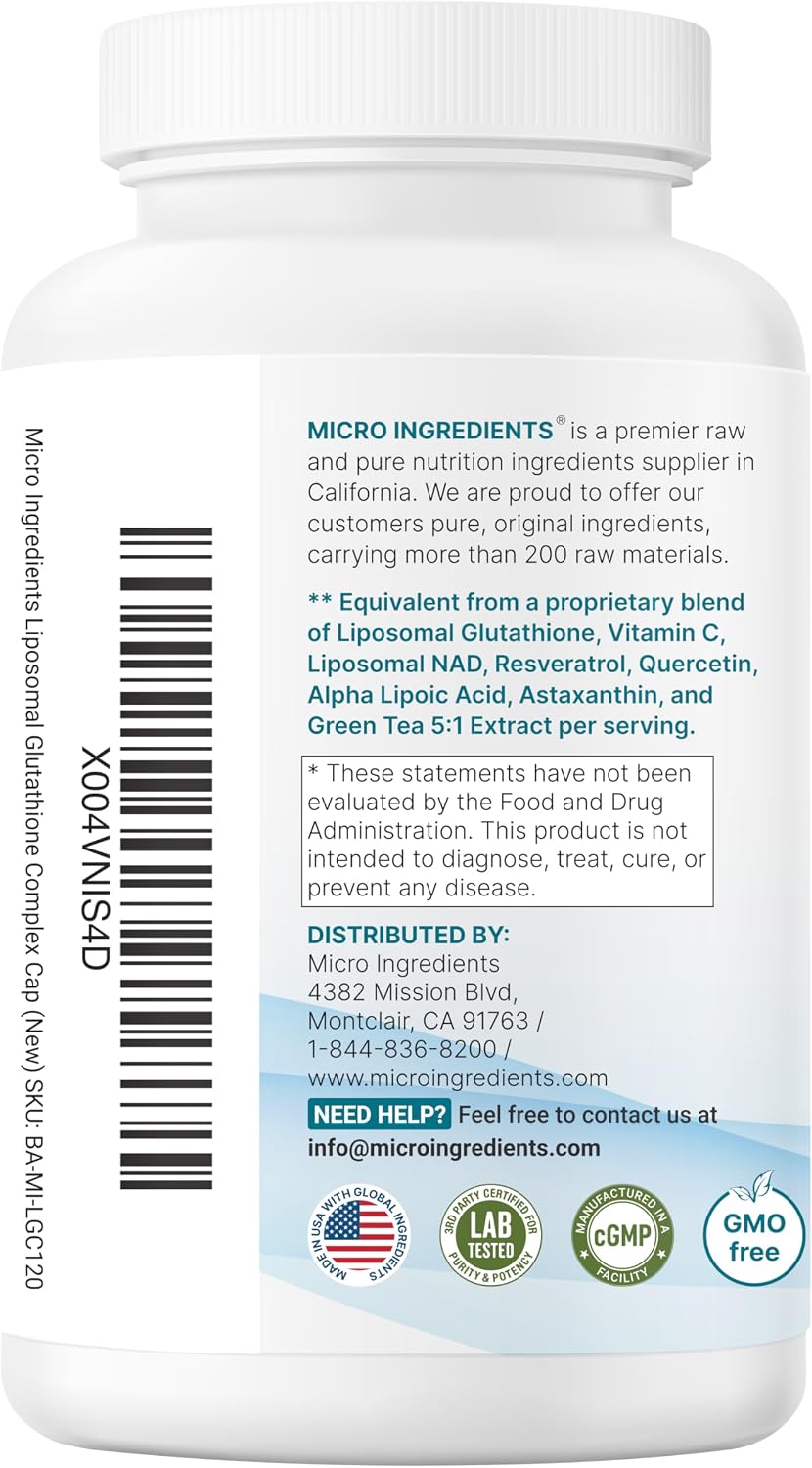 Micro Ingredients Liposomal Reduced Glutathione Complex 3,000mg - 8‑in‑1 Advanced Glutathione Supplement with NAD, Resveratrol, Quercetin, Alpha Lipoic Acid & Vitamin C - 120 Vegetarian Caps - PrimeBioHealth - canada supplements