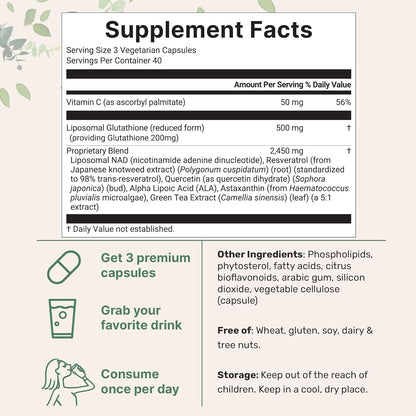 Micro Ingredients Liposomal Reduced Glutathione Complex 3,000mg - 8‑in‑1 Advanced Glutathione Supplement with NAD, Resveratrol, Quercetin, Alpha Lipoic Acid & Vitamin C - 120 Vegetarian Caps - PrimeBioHealth - canada supplements