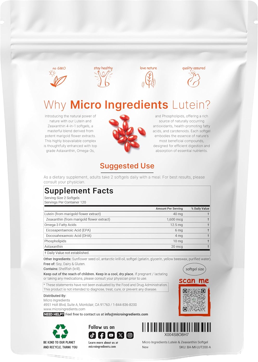 Micro Ingredients Lutein & Zeaxanthin 40mg Softgels, 240 Count, with Astaxanthin, Omega-3s, & Phospholipids | Eye + Vision Health Vitamins | Third Party Tested, Non-GMO, Gluten Free - PrimeBioHealth - canada supplements