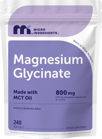 Micro Ingredients Magnesium Glycinate 800 mg Per Serving, 240 Softgels | Chelated Magnesium Supplement with MCT Oil | Non-GMO, Gluten Free, No Soy - PrimeBioHealth - canada supplements