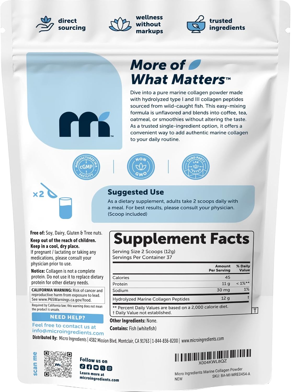Micro Ingredients Marine Collagen Protein Powder, 1 Pound | Wild Caught Fish Source | Hydrolyzed Peptides | Unflavored, Keto, & Paleo Friendly | Easy to Mix, Non-GMO - PrimeBioHealth - canada supplements