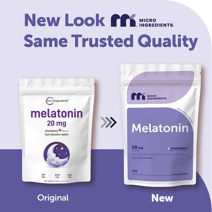 Micro Ingredients Melatonin 20mg, 400 Tablets | Strawberry Flavor | Fast Dissolve | 100% Drug Free | Vegetarian Friendly | Non-GMO, No Gluten, Sugar Free - PrimeBioHealth - canada supplements