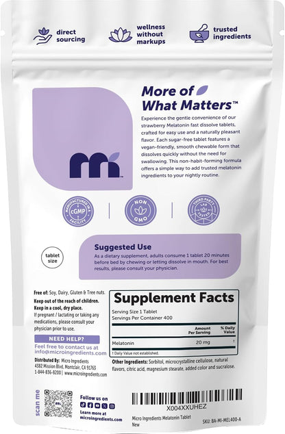 Micro Ingredients Melatonin 20mg, 400 Tablets | Strawberry Flavor | Fast Dissolve | 100% Drug Free | Vegetarian Friendly | Non-GMO, No Gluten, Sugar Free - PrimeBioHealth - canada supplements